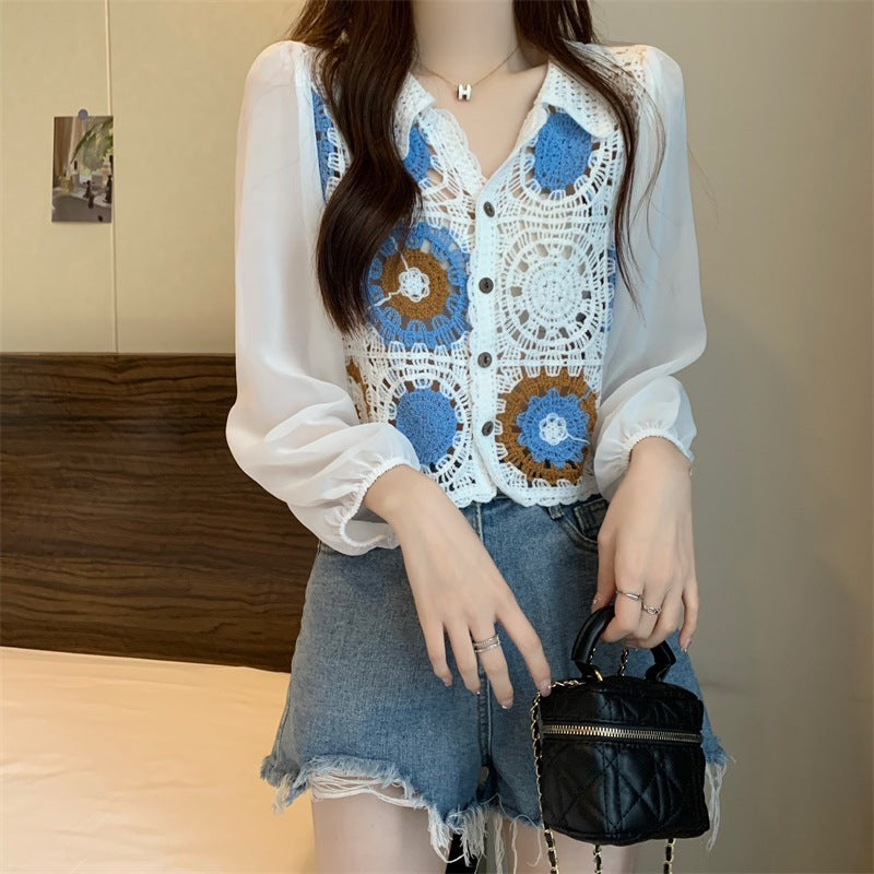 Lace Long-sleeve Chiffon Blouse - French Style Cardigan