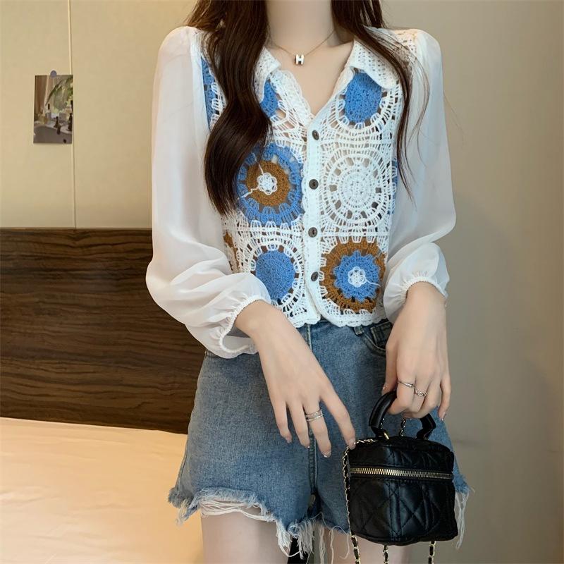Lace Long-sleeve Chiffon Blouse - French Style Cardigan