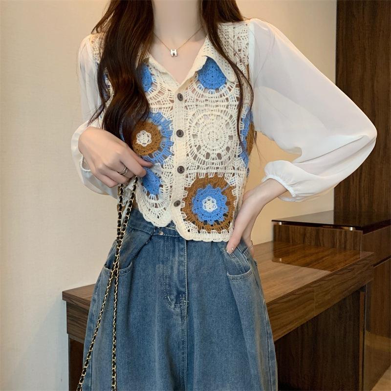 Lace Long-sleeve Chiffon Blouse - French Style Cardigan