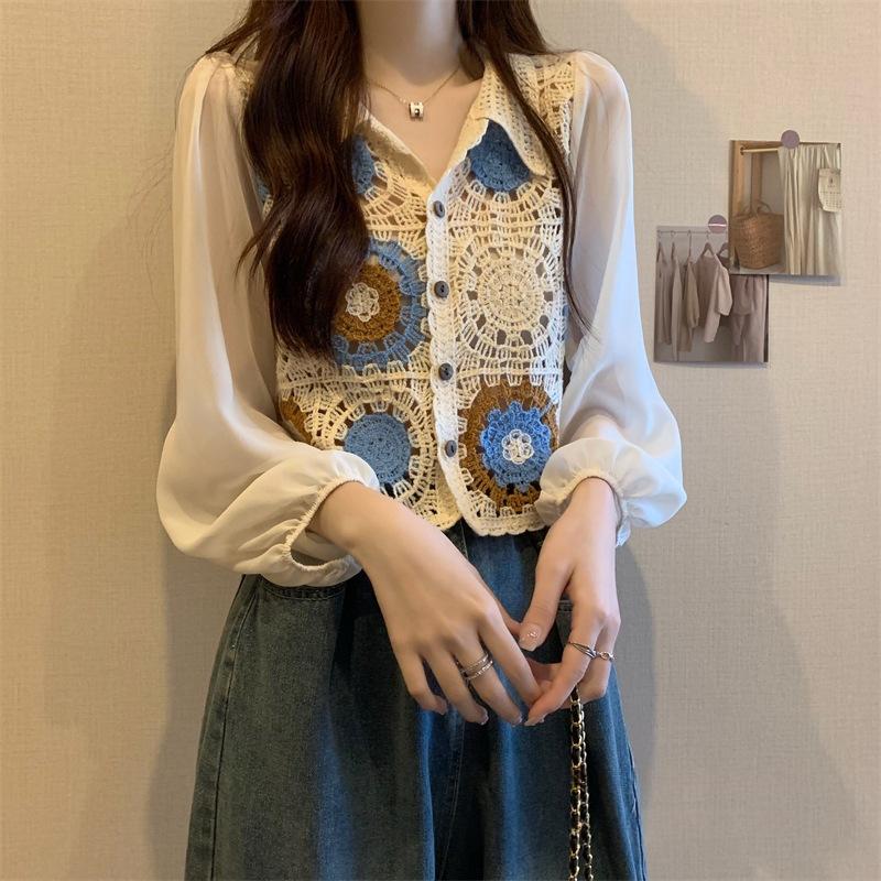 Lace Long-sleeve Chiffon Blouse - French Style Cardigan