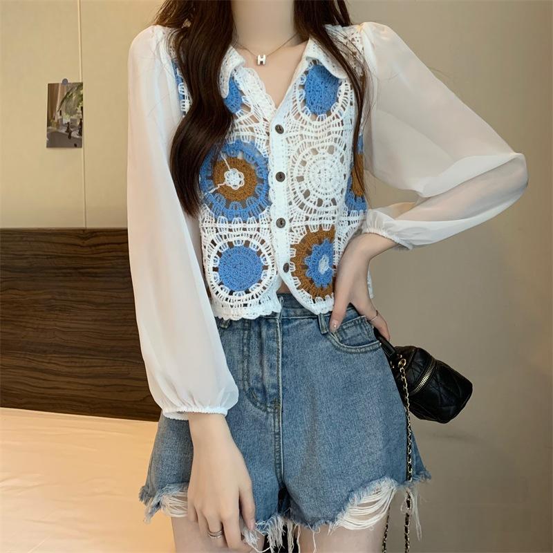 Lace Long-sleeve Chiffon Blouse - French Style Cardigan