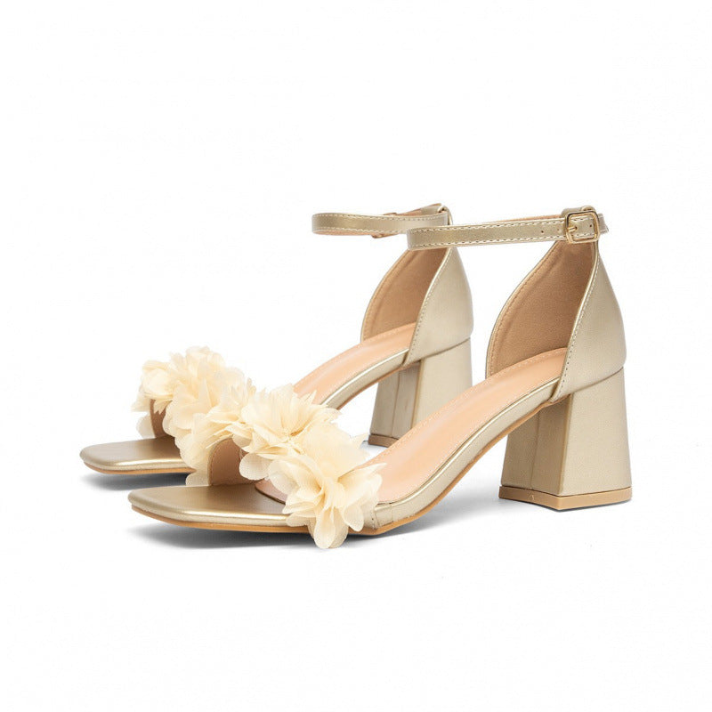 Square-toe Chunky-heel Sandals with Buckle & Floral Detail