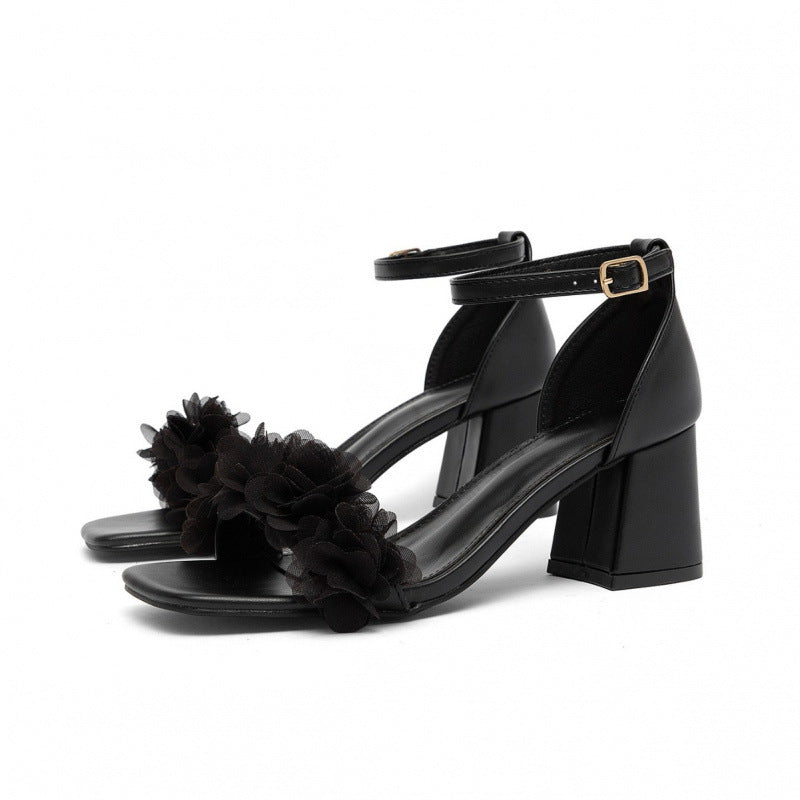 Square-toe Chunky-heel Sandals with Buckle & Floral Detail