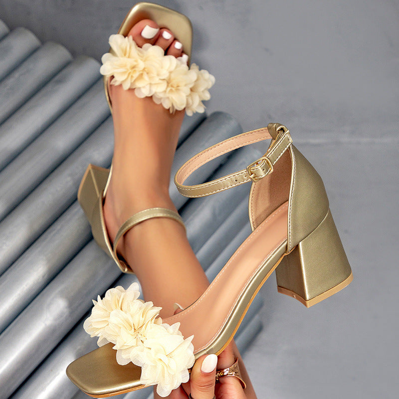 Square-toe Chunky-heel Sandals with Buckle & Floral Detail