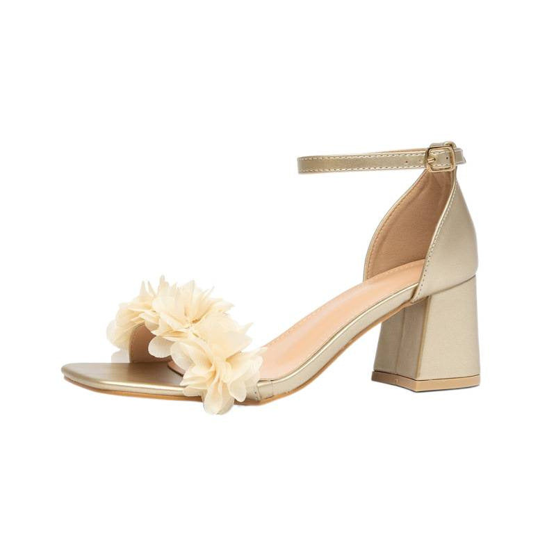Square-toe Chunky-heel Sandals with Buckle & Floral Detail