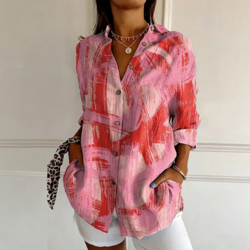 Brushstroke Abstract Print Shirt Collar Blouse - Trendy Style