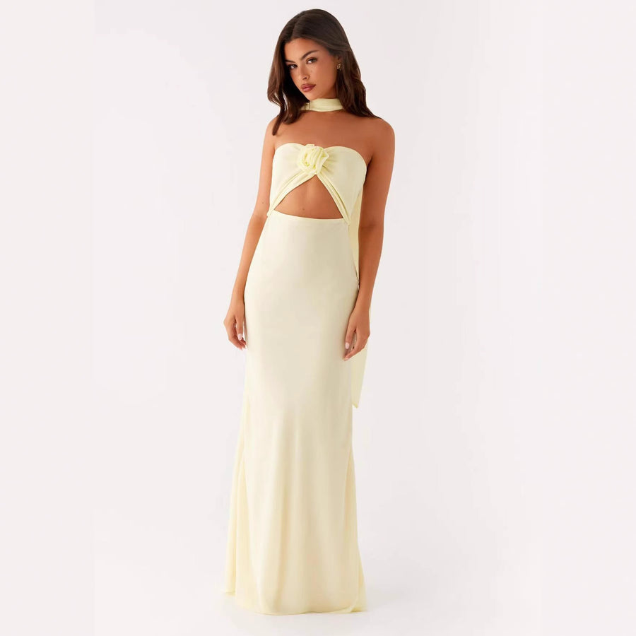 Hollow-out Floral Lace-up Backless Slim-fit Printed Dress