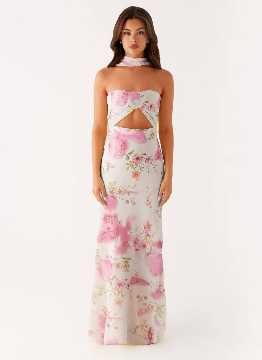 Hollow-out Floral Lace-up Backless Slim-fit Printed Dress