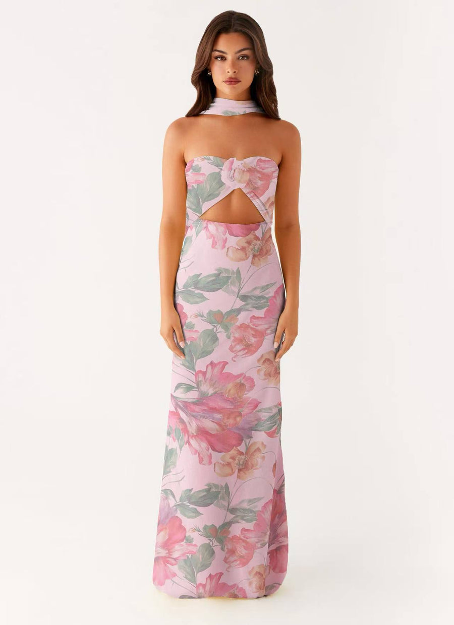 Hollow-out Floral Lace-up Backless Slim-fit Printed Dress