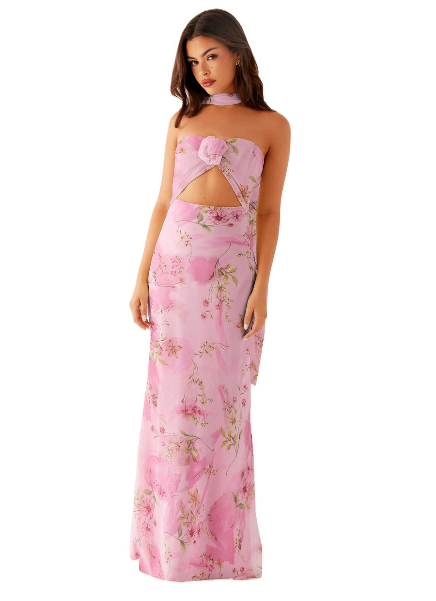 Hollow-out Floral Lace-up Backless Slim-fit Printed Dress