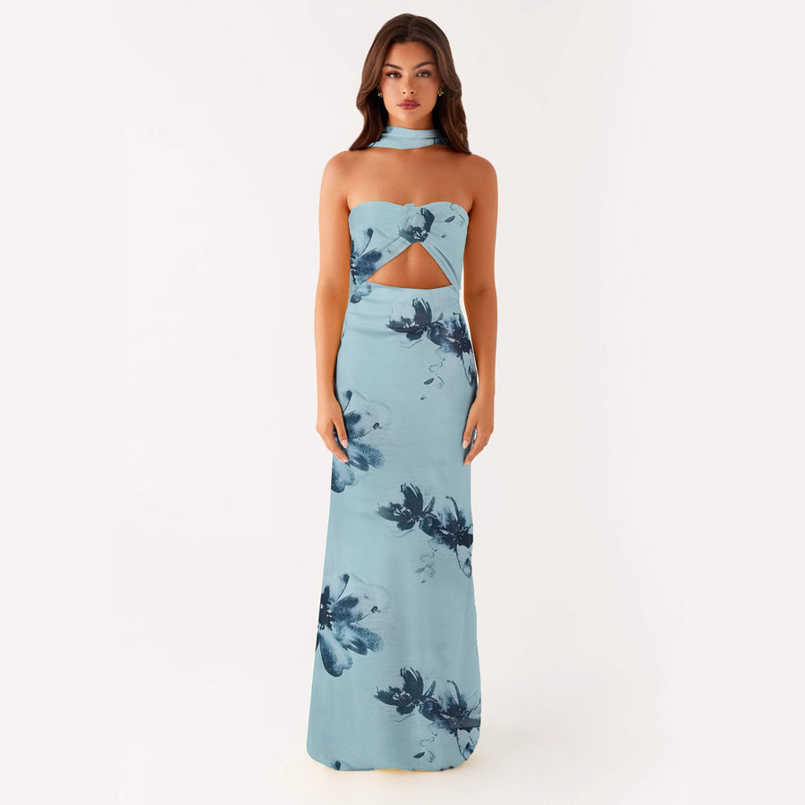 Hollow-out Floral Lace-up Backless Slim-fit Printed Dress