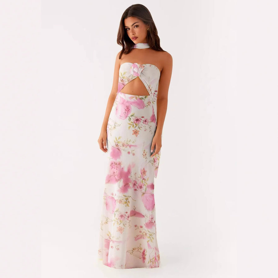 Hollow-out Floral Lace-up Backless Slim-fit Printed Dress