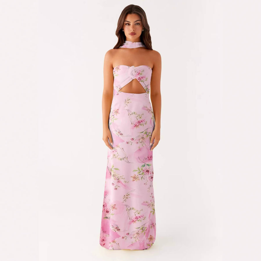 Hollow-out Floral Lace-up Backless Slim-fit Printed Dress