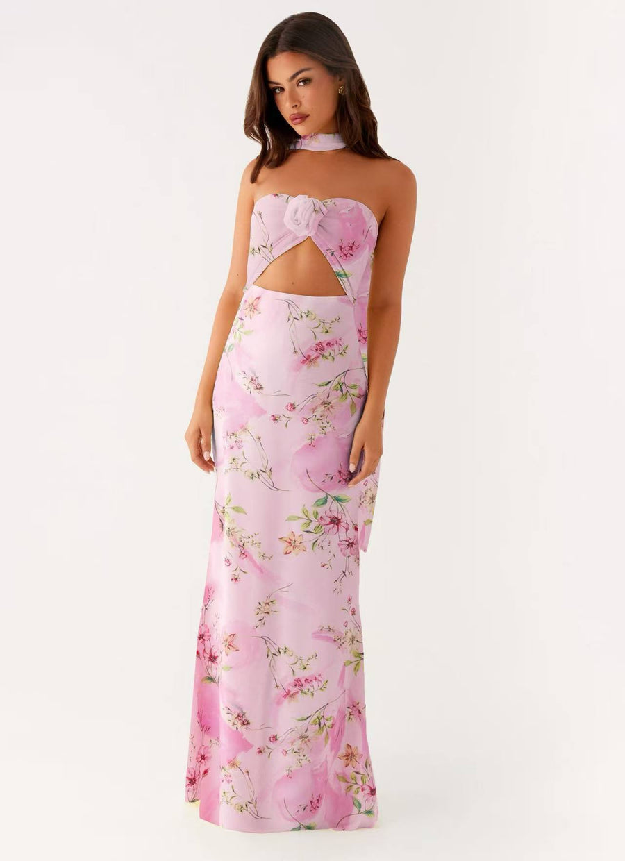 Hollow-out Floral Lace-up Backless Slim-fit Printed Dress