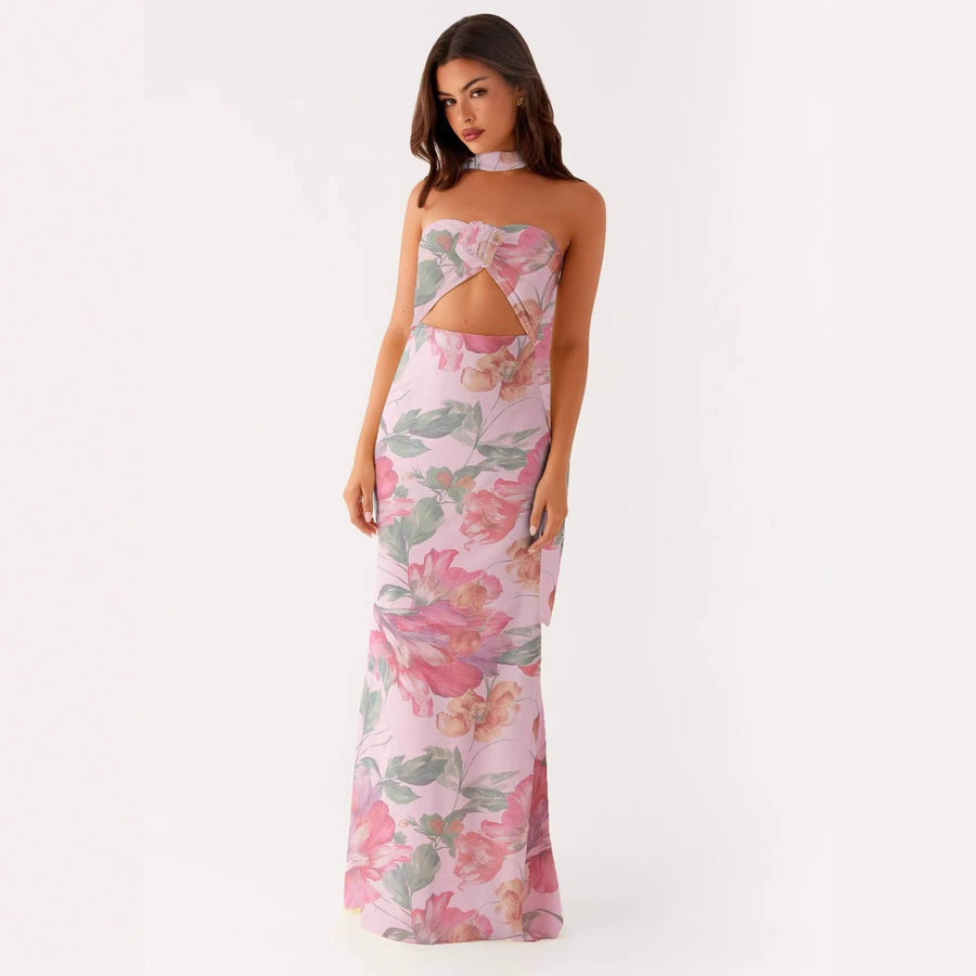 Hollow-out Floral Lace-up Backless Slim-fit Printed Dress