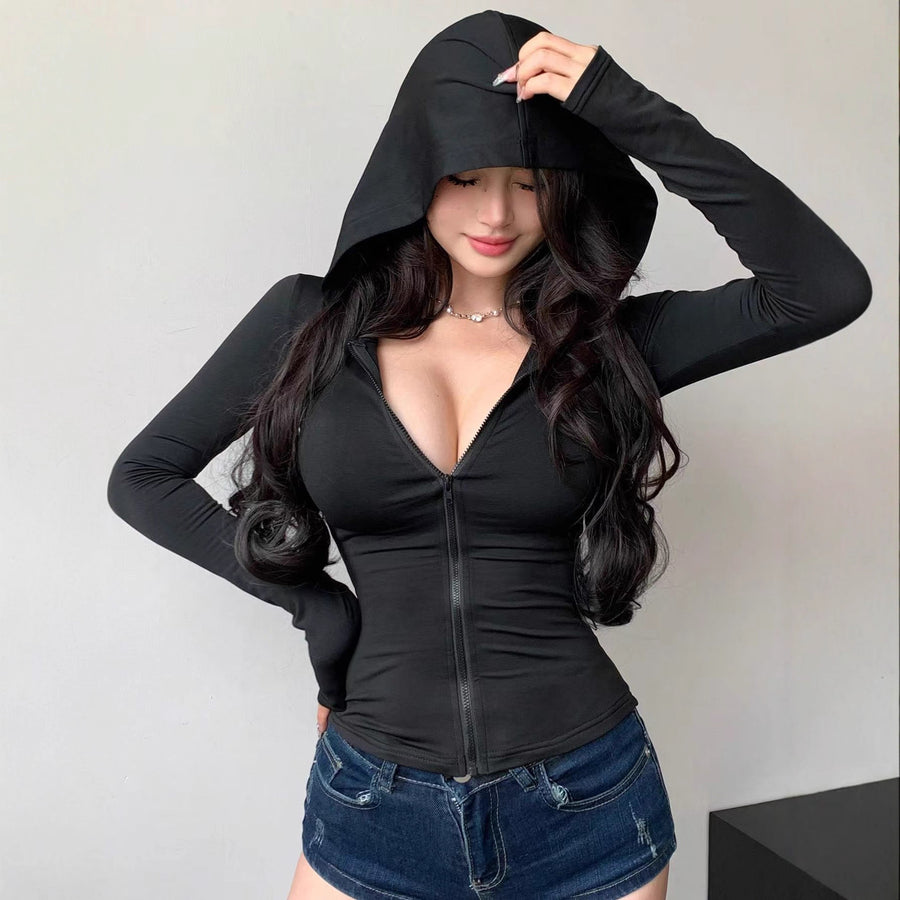 Fashionable Hooded Zipper Long-sleeved Blouse for Women