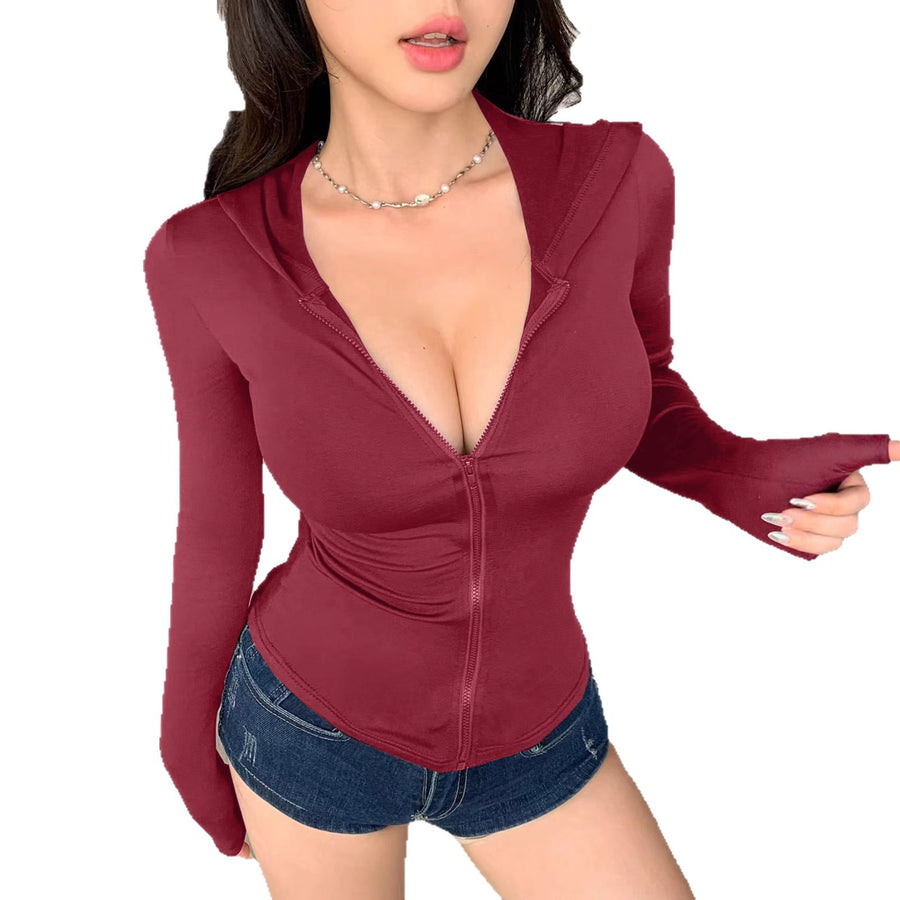 Fashionable Hooded Zipper Long-sleeved Blouse for Women