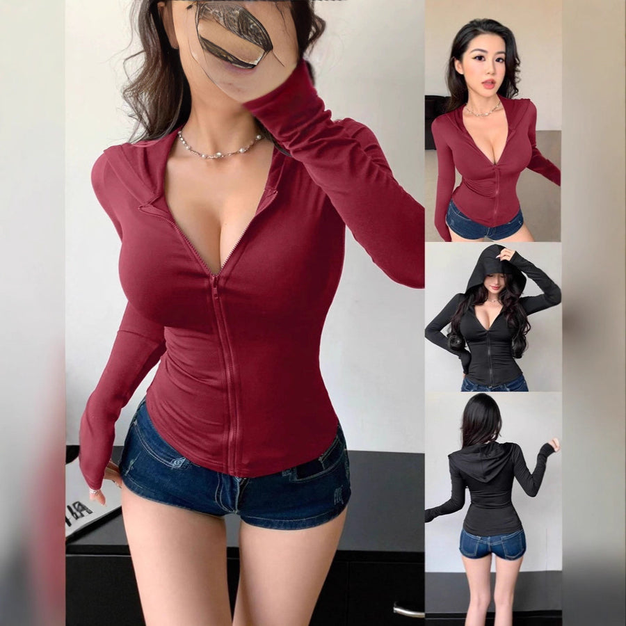 Fashionable Hooded Zipper Long-sleeved Blouse for Women