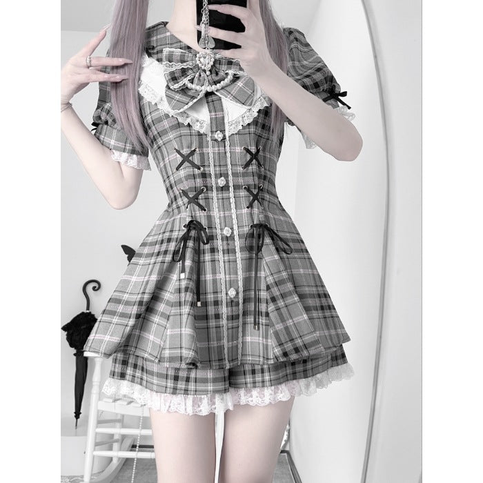 Vintage Gray Plaid Women's Shirt Dress - Casual Long Sleeve Midi
