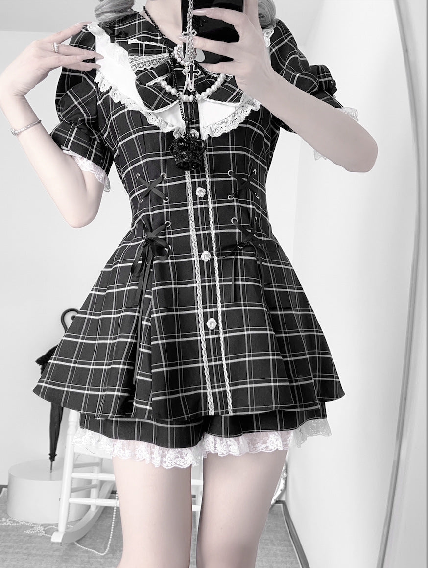 Vintage Gray Plaid Women's Shirt Dress - Casual Long Sleeve Midi
