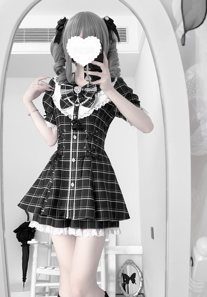 Vintage Gray Plaid Women's Shirt Dress - Casual Long Sleeve Midi