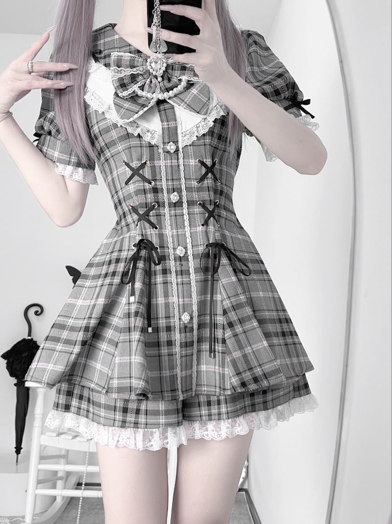 Vintage Gray Plaid Women's Shirt Dress - Casual Long Sleeve Midi