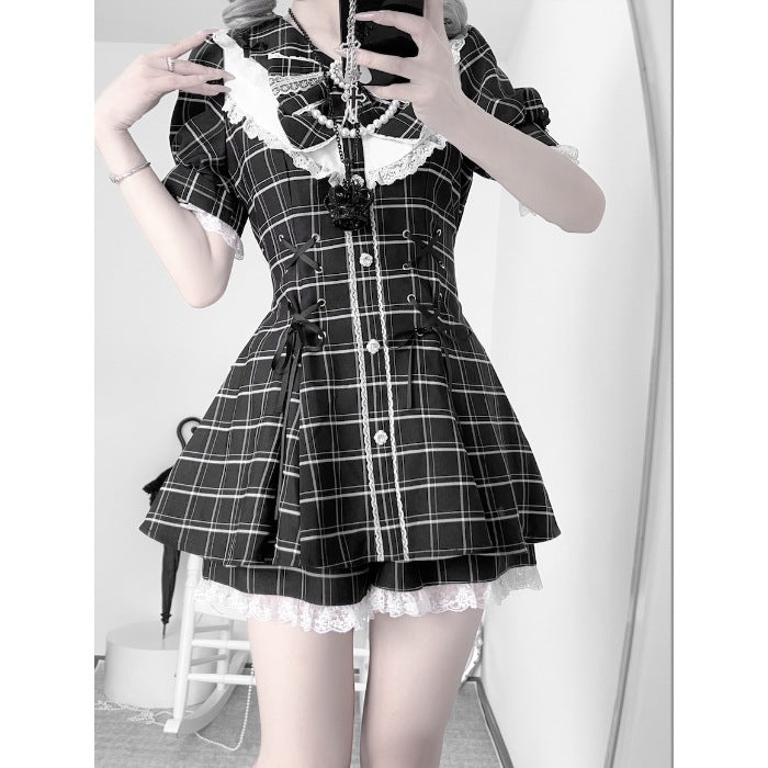Vintage Gray Plaid Women's Shirt Dress - Casual Long Sleeve Midi
