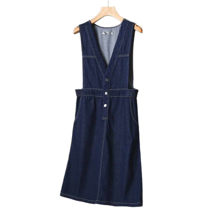 All-match Denim V-neck Vest Dress - Japanese & Korean Style