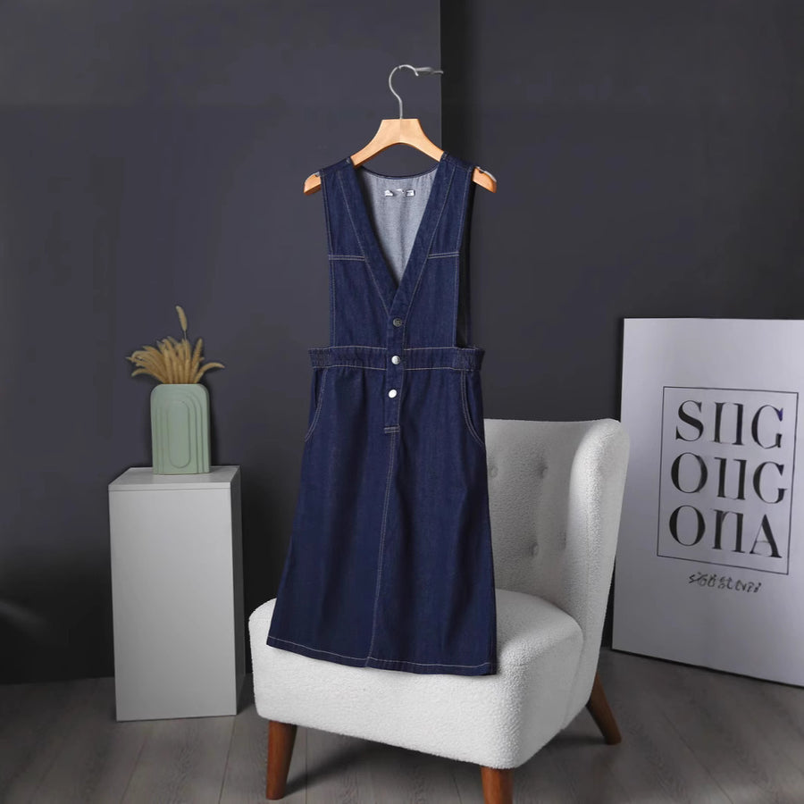 All-match Denim V-neck Vest Dress - Japanese & Korean Style