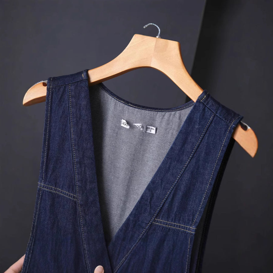All-match Denim V-neck Vest Dress - Japanese & Korean Style