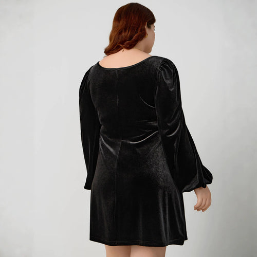 Womens Square-neck Velvet Dress with Puff Sleeves