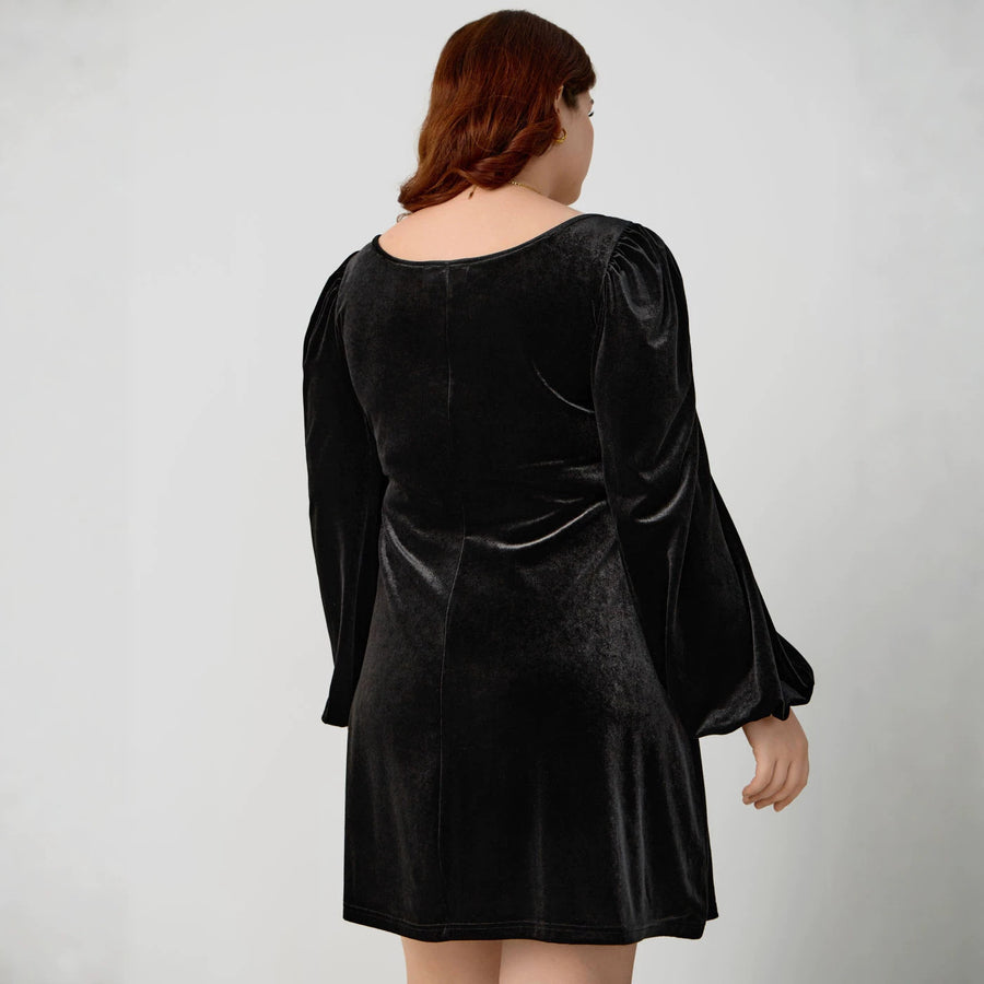 Womens Square-neck Velvet Dress with Puff Sleeves
