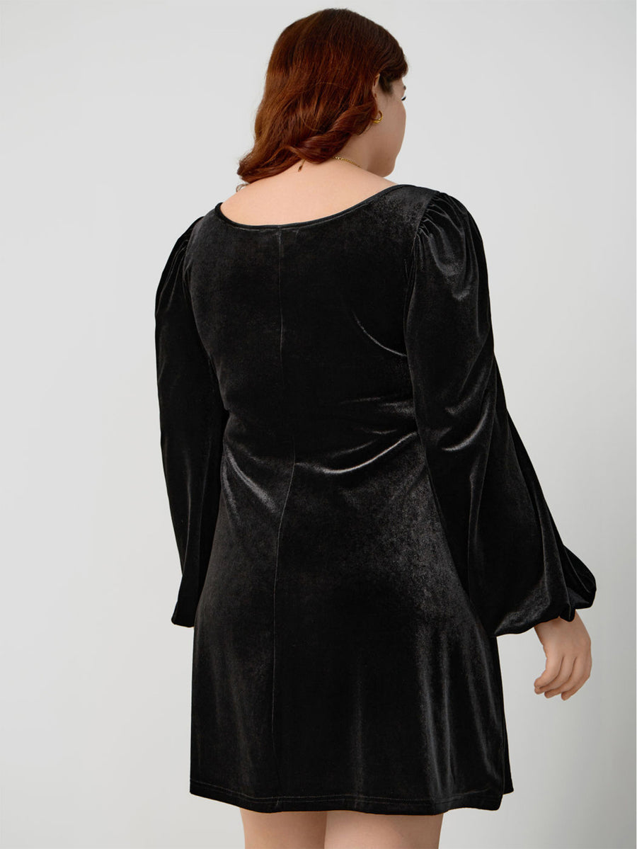 Womens Square-neck Velvet Dress with Puff Sleeves