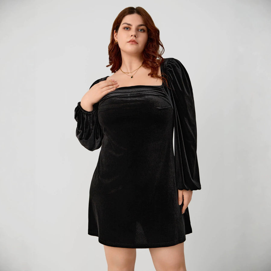 Womens Square-neck Velvet Dress with Puff Sleeves