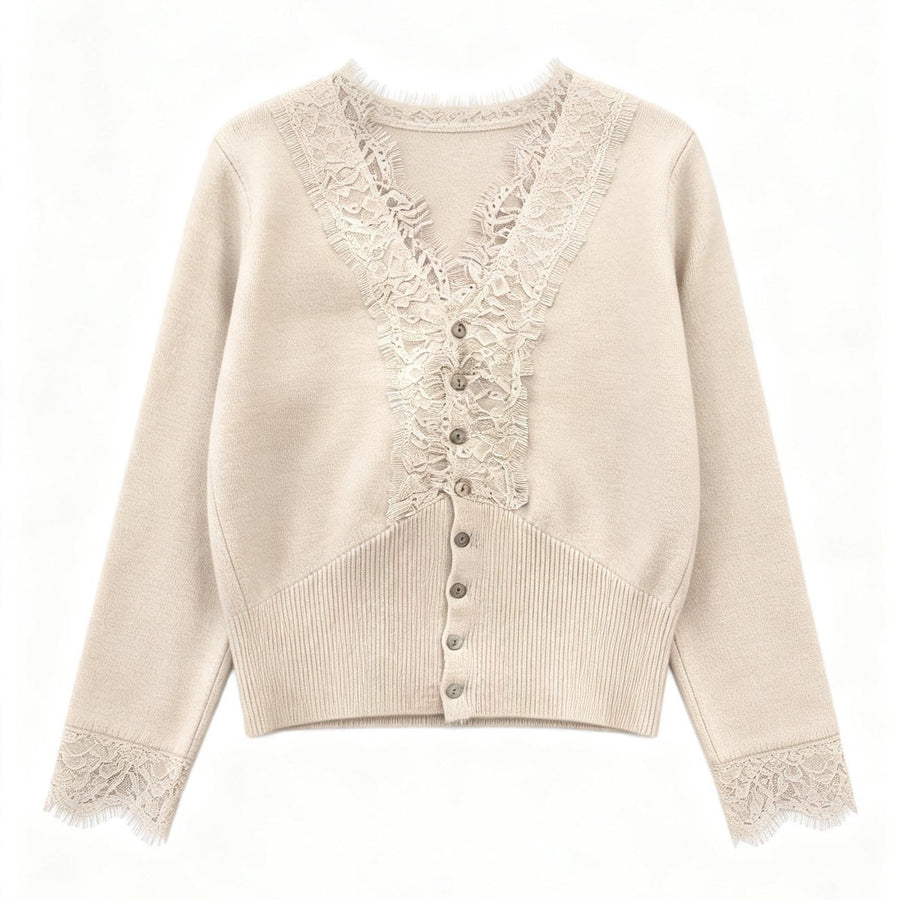 Figure-Flattering Lace-Panel Knit Long-Sleeve T-Shirt