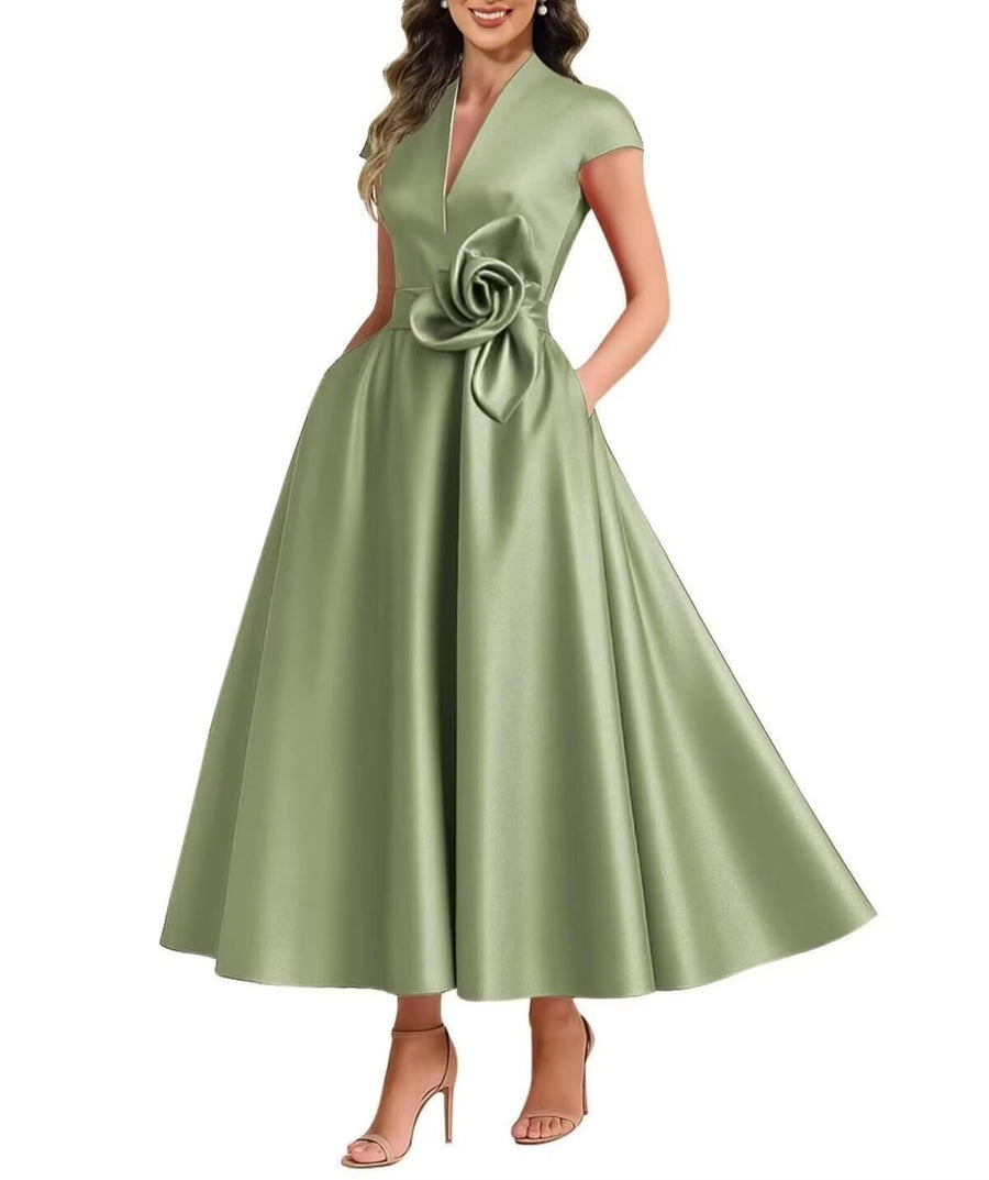 Satin Three-Dimensional Flower Dress for Women - Elegant Style
