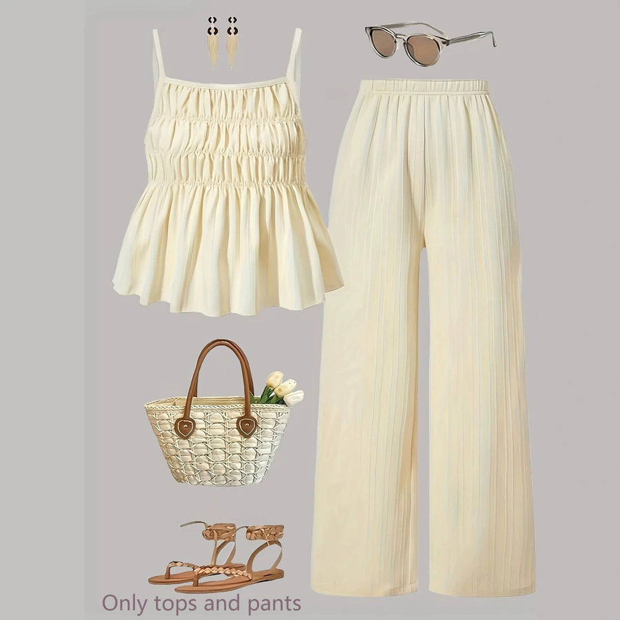 Casual Ruched-Texture Camisole and Wide-Leg Pants Set