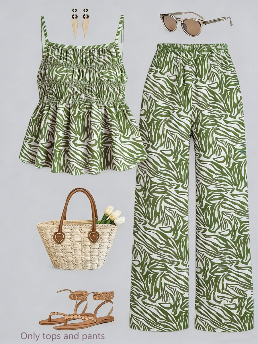 Casual Ruched-Texture Camisole and Wide-Leg Pants Set