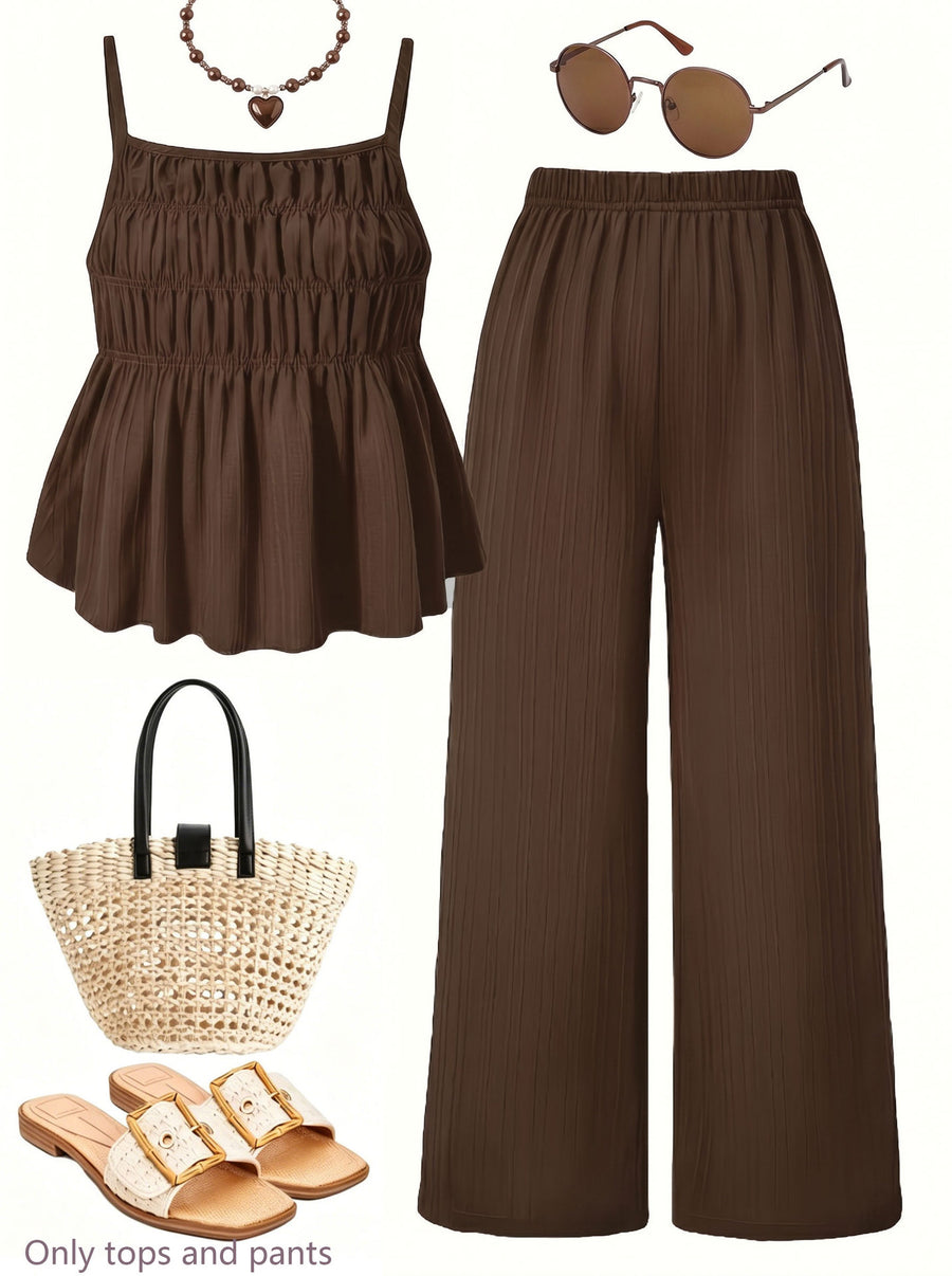 Casual Ruched-Texture Camisole and Wide-Leg Pants Set