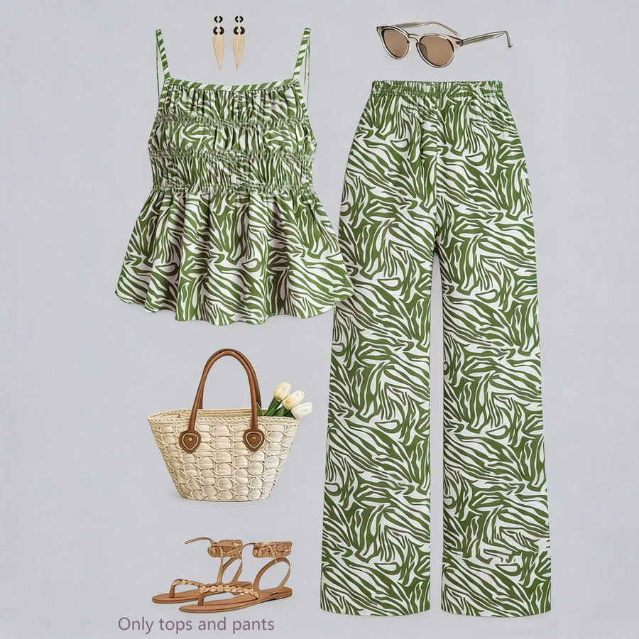 Casual Ruched-Texture Camisole and Wide-Leg Pants Set