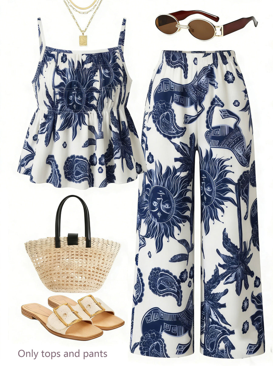 Casual Ruched-Texture Camisole and Wide-Leg Pants Set