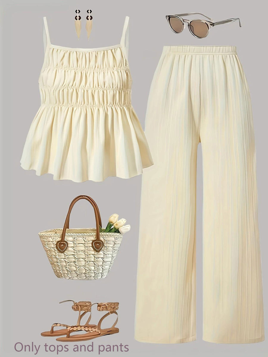 Casual Ruched-Texture Camisole and Wide-Leg Pants Set