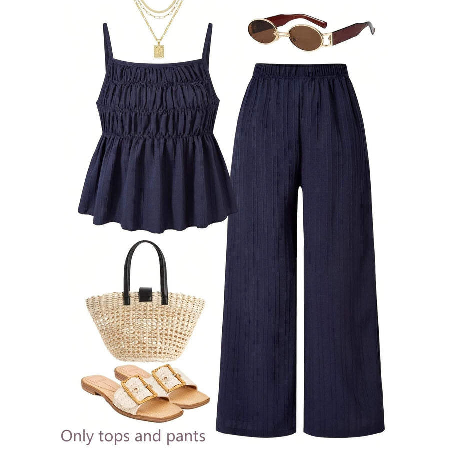 Casual Ruched-Texture Camisole and Wide-Leg Pants Set