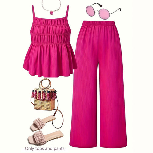 Casual Ruched-Texture Camisole and Wide-Leg Pants Set