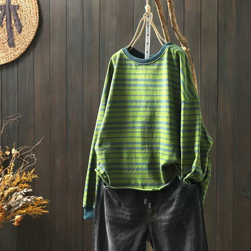 Womens Loose-fitting Green-striped T-shirt for Comfort