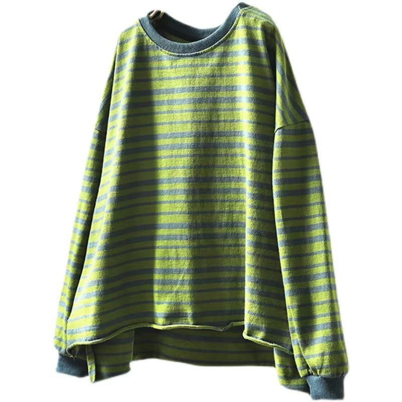 Womens Loose-fitting Green-striped T-shirt for Comfort