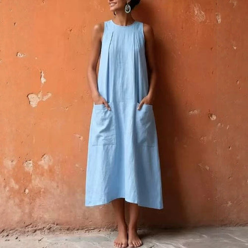 Womens Solid-color Sleeveless Pocketed Loose-fitting Dress