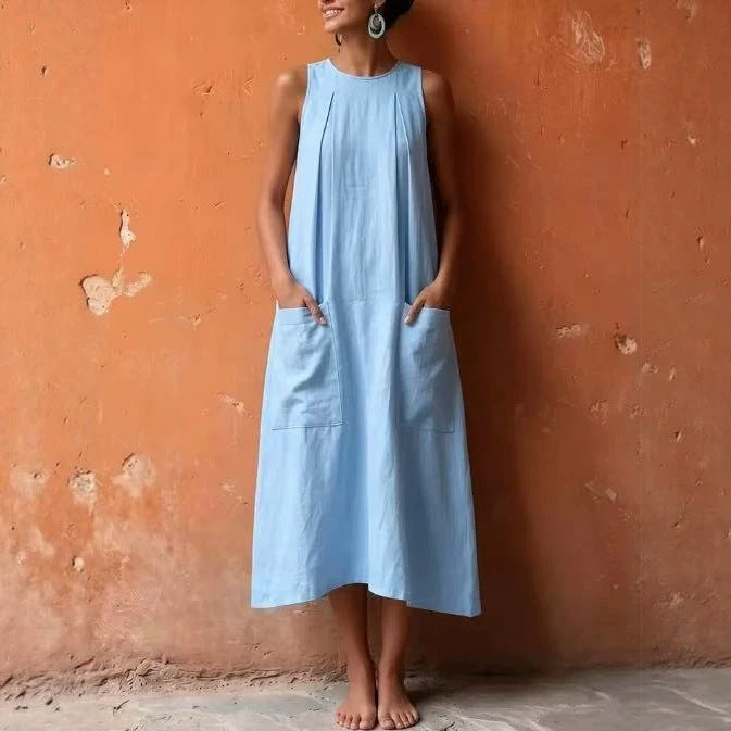 Womens Solid-color Sleeveless Pocketed Loose-fitting Dress