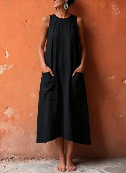 Womens Solid-color Sleeveless Pocketed Loose-fitting Dress