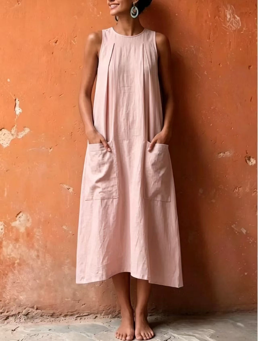 Womens Solid-color Sleeveless Pocketed Loose-fitting Dress